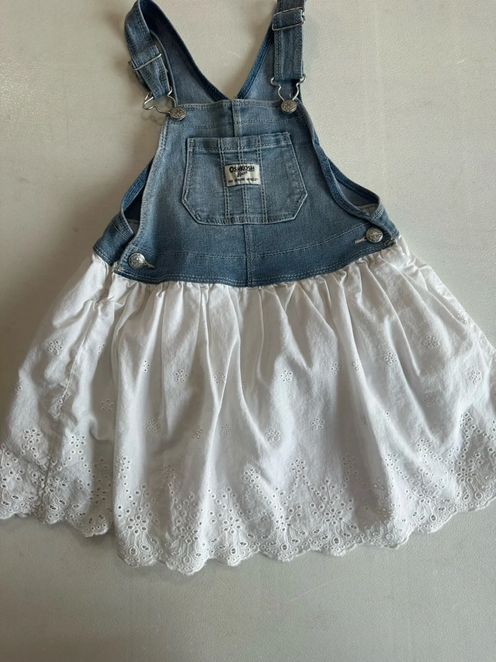 OshKosh B'gosh Blue Denim Overall Dress with White Eyelet Skirt